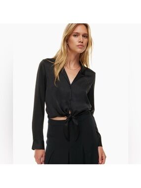 Black Tie-Front vegan silk Blouse aritzia